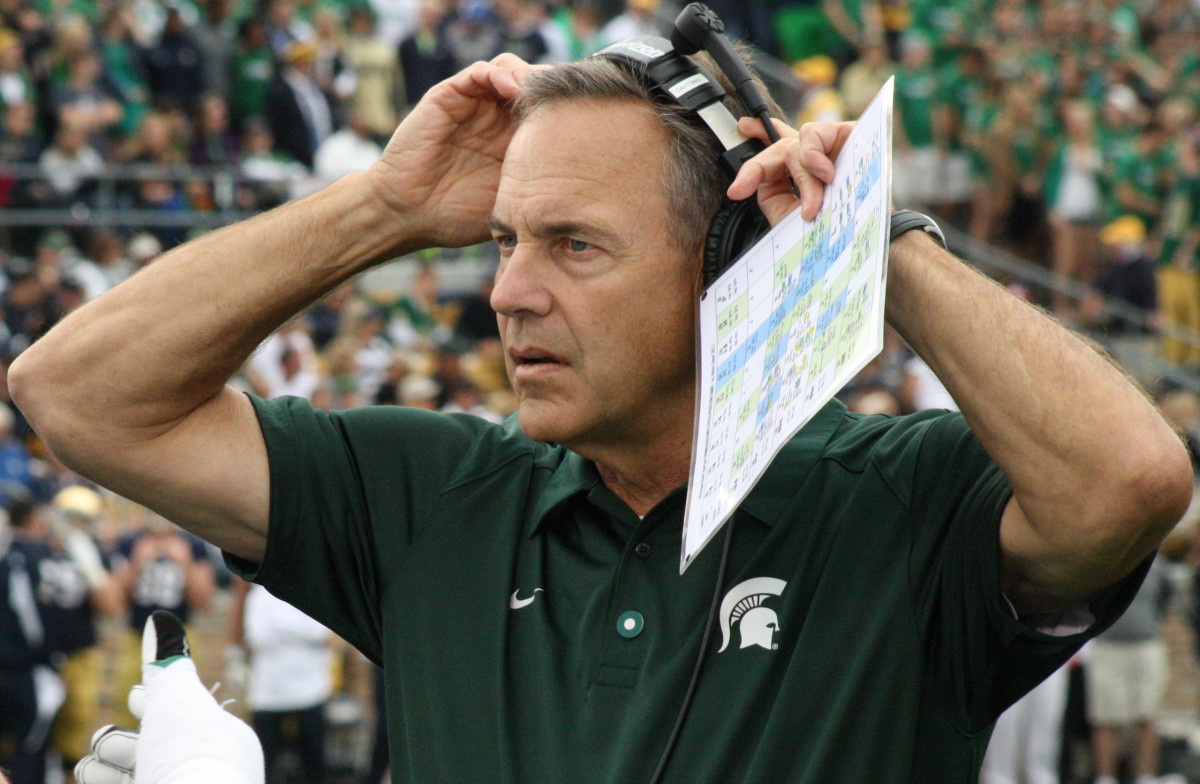 Mark Dantonio surveys the action on the field at Notre Dame 2013.  Photo courtesy of Mark Boomgaard