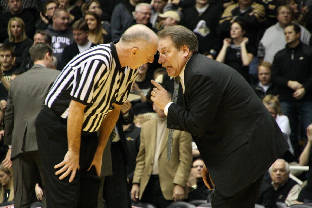 Tom Izzo's frustration boiled over as he tried to implore an official for some love for his Spartans.  Photo courtesy of Mark Boomgaard.