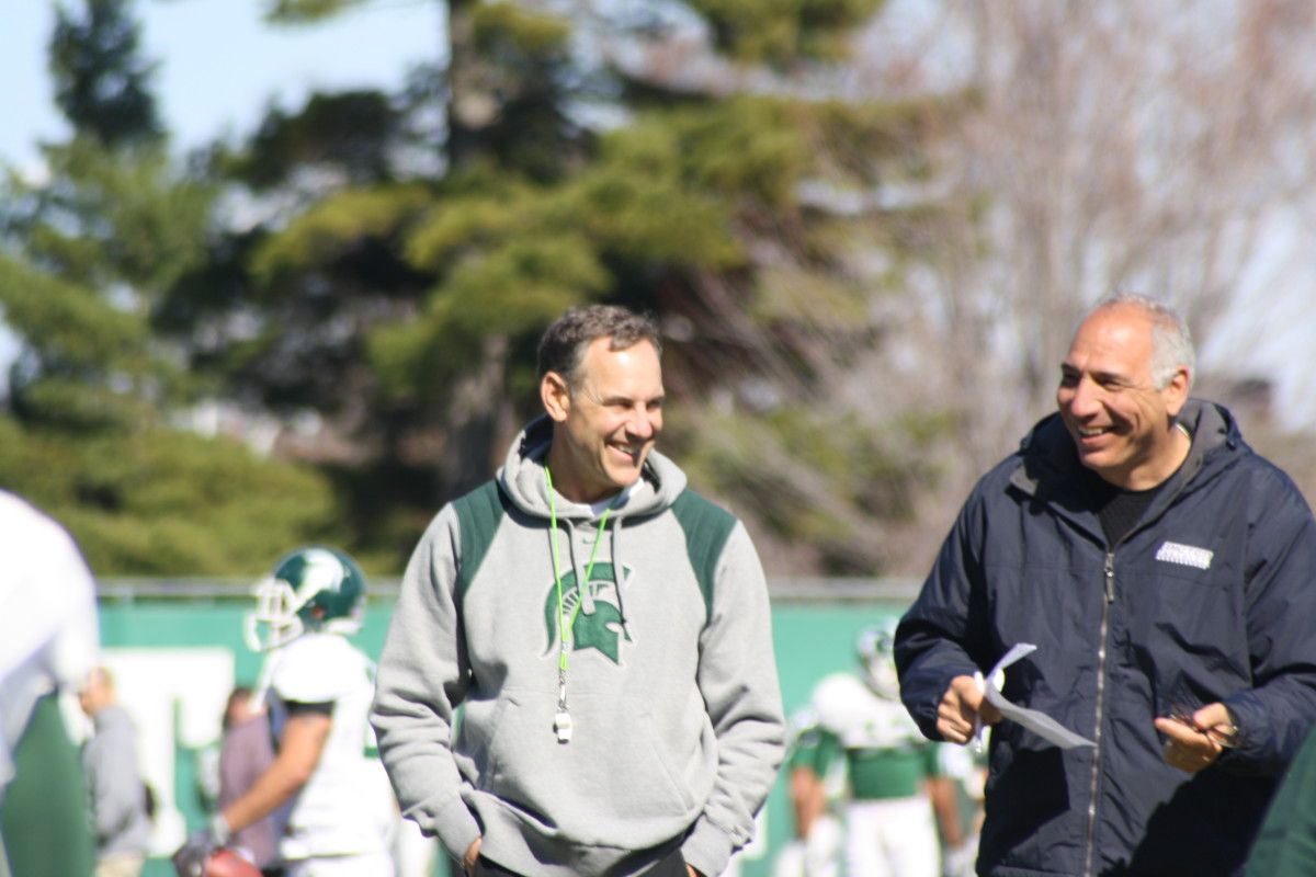 Dantonio likes what he sees as he surveys spring practice recently. Photo courtesy of Troy Benoit.
