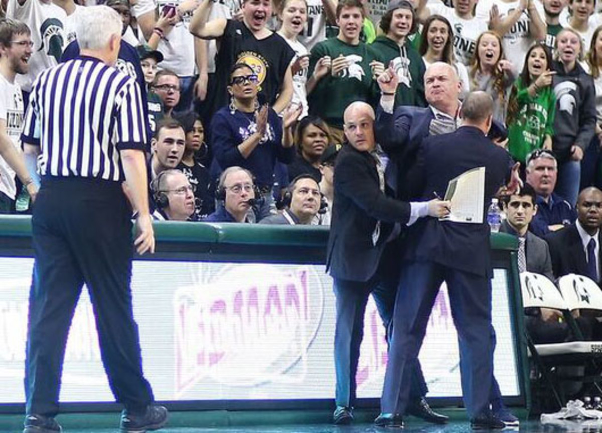 PSU head coach Pat Chambers had to be restrained by two assistants after getting his second technical of the game being ejected with 4:53 remaining in the first half.  Photo courtesy of Rey Del Rio.