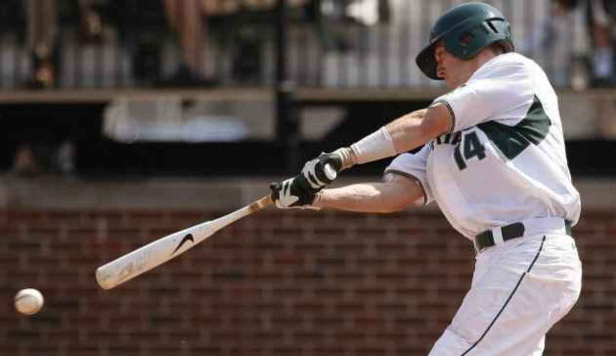 Brandon Eckerle collects three hits to tie school record with 245 career hits. Photo courtesy of MSU SID.