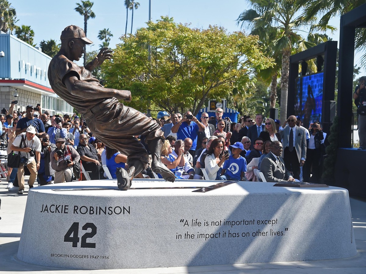 Apr 15, 2017; Los Angeles, CA, USA; The Los Angeles Dodgers today unveiled a Jackie Robinson statue at Dodger Stadium, the first statue in Stadium history, as part of Jackie Robinson Day celebrations on the 70th anniversary of Robinson breaking Major League Baseball s color barrier on April 15, 1947. Mandatory Credit: Jayne Kamin-Oncea-USA TODAY Sports