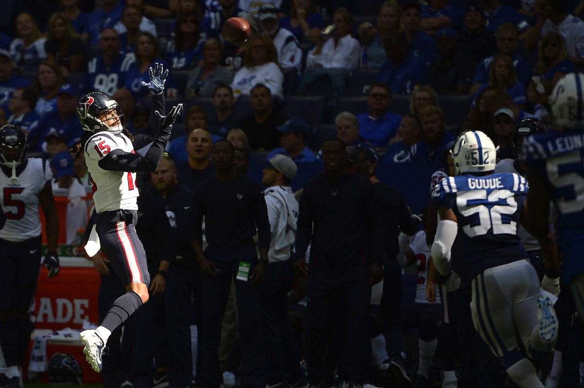 Texans receiver Will Fuller leaps to make a catch against the Colts in the 2018 season.