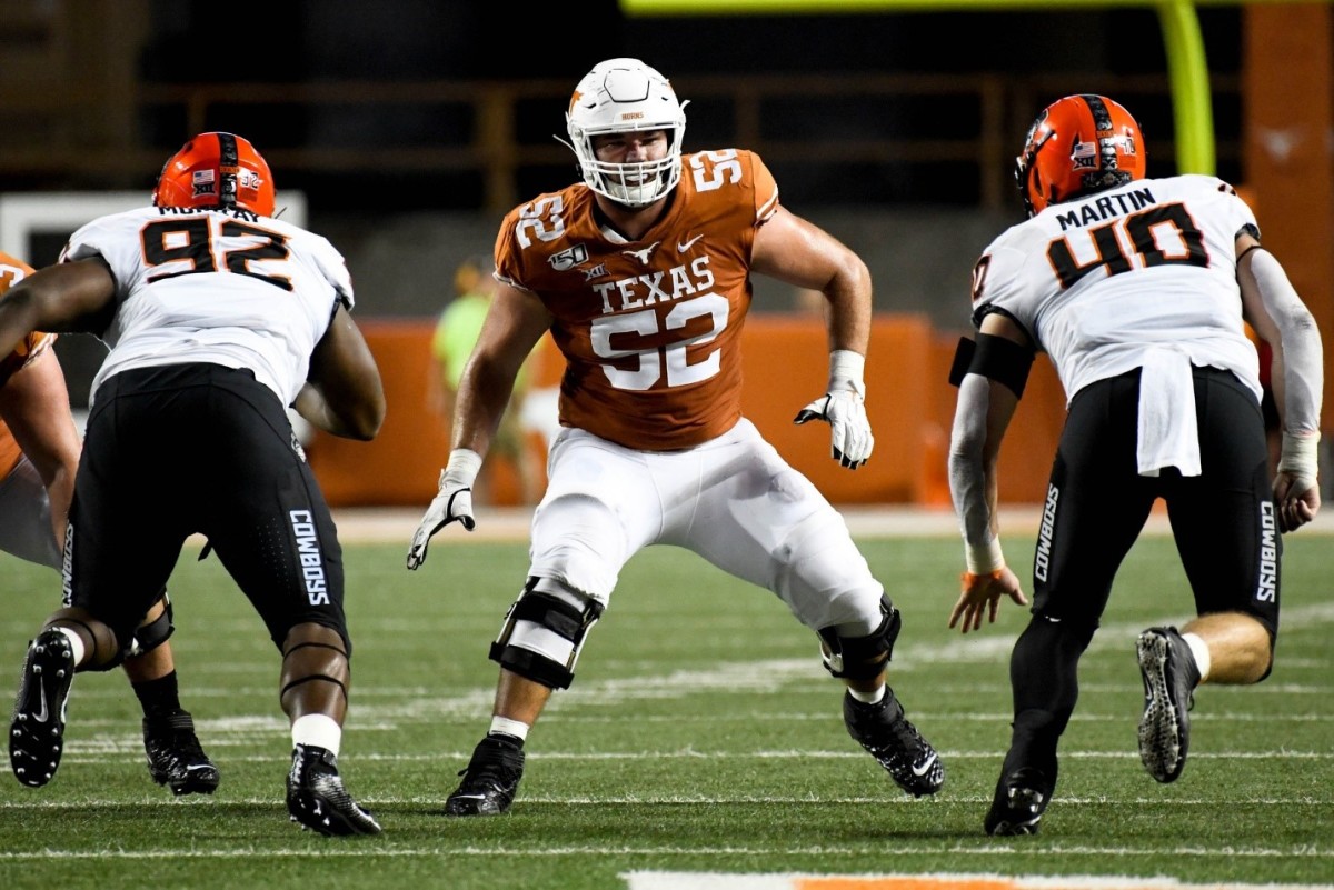 Sep 21, 2019; Austin, TX, USA; Texas Longhorns offensive lineman Samuel Cosmi (52) in the first half against the Oklahoma State Cowboys at Darrell K Royal-Texas Memorial Stadium. Mandatory Credit: Scott Wachter-USA TODAY Sports