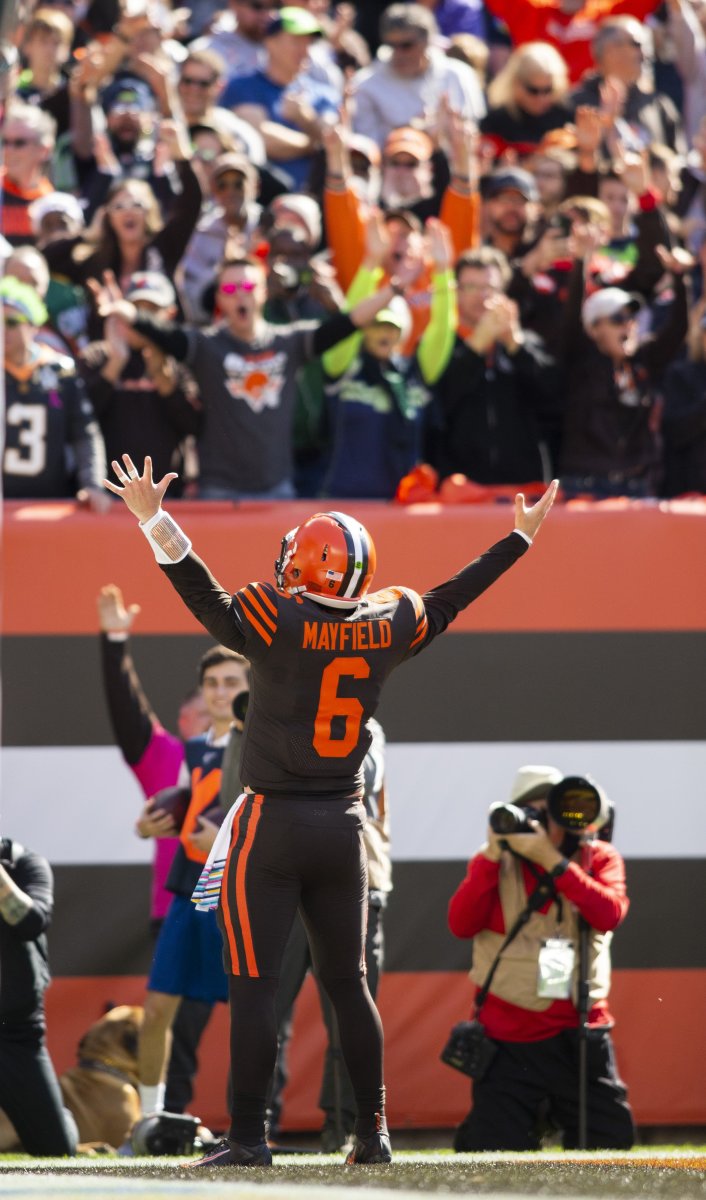 Browns quarterback Baker Mayfield celebrates a touchdown against the Seahawks, 2019. Mayfield found some success but couldn't become the next great starting quarterback for the franchise.