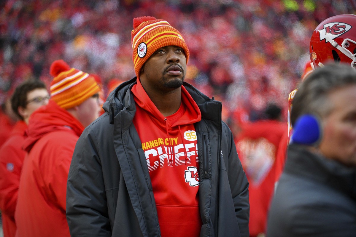 Jan 12, 2020; Kansas City, MO, USA; Kansas City Chiefs defensive tackle Chris Jones (95) walks the sidelines during the second quarter against the Houston Texans in a AFC Divisional Round playoff football game at Arrowhead Stadium. Mandatory Credit: Denny Medley-USA TODAY Sports