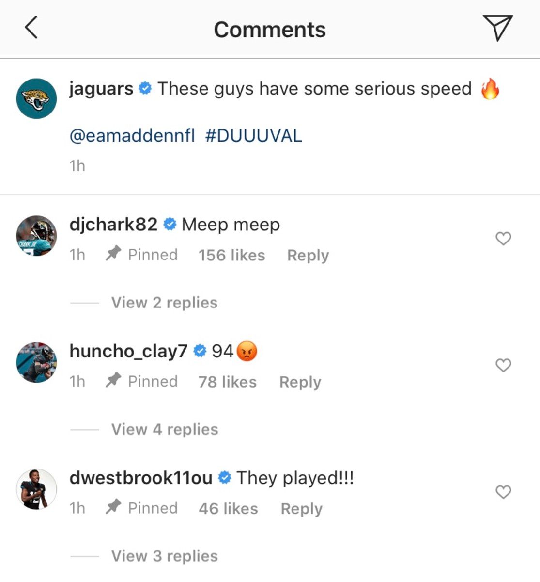Jaguars players react to Madden speed ratings on Instagram.