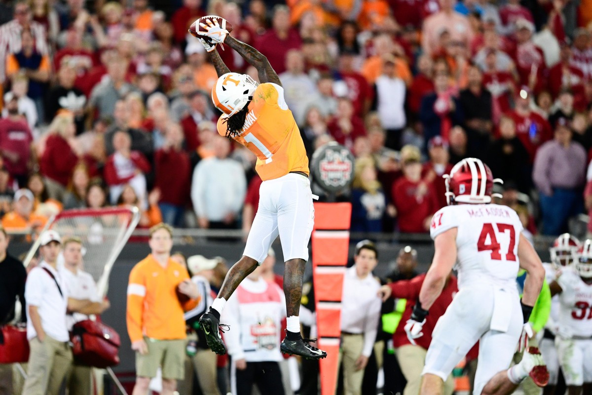 Tennessee wide receiver Marquez Callaway (1) catches a high pass during the Gator Bowl game between Tennessee and Indiana at the TIAA Bank Field in Jacksonville, Fla., Jan. 2, 2020. Gatorbowlcal0102 1329