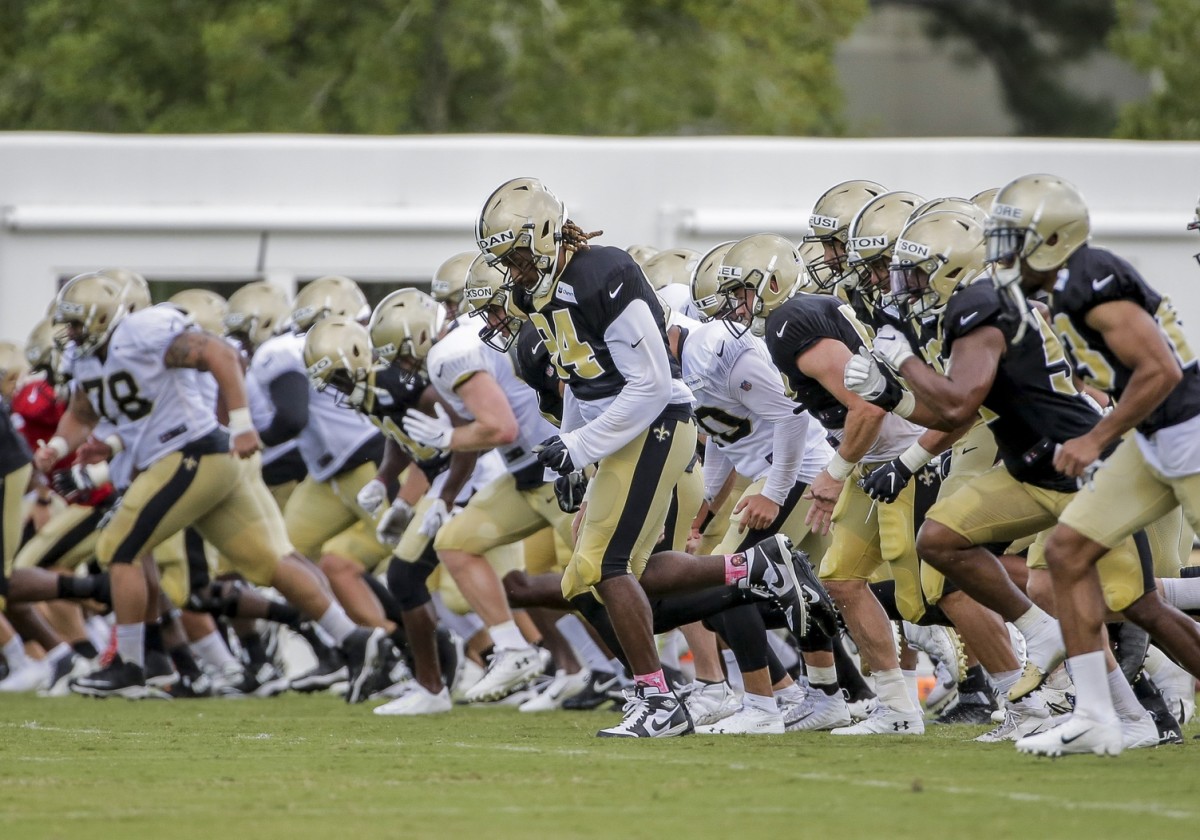 Jul 28, 2019; Metairie, LA, USA; New Orleans Saints defensive end Cameron Jordan (94) sprints with teammates after practice during training camp at the Ochsner Sports Performance Center. Mandatory Credit: Derick E. Hingle-USA TODAY S