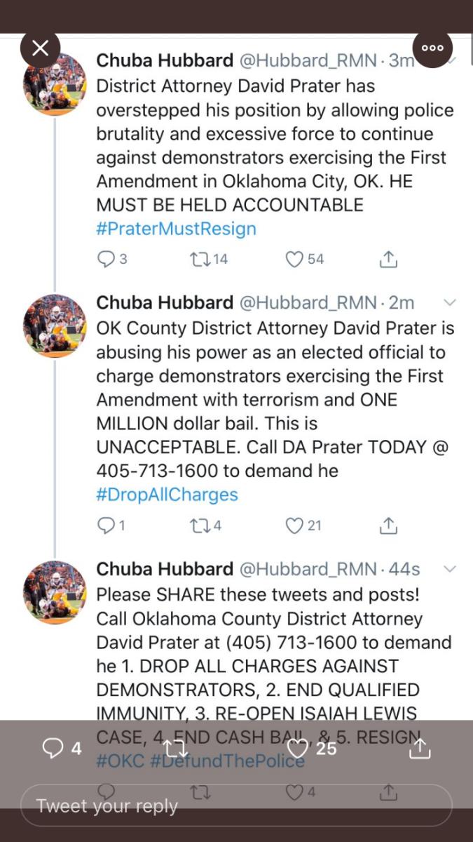 Chuba Hubbard's series of tweets on July 20 aimed at Oklahoma County District Attorney David Prater.