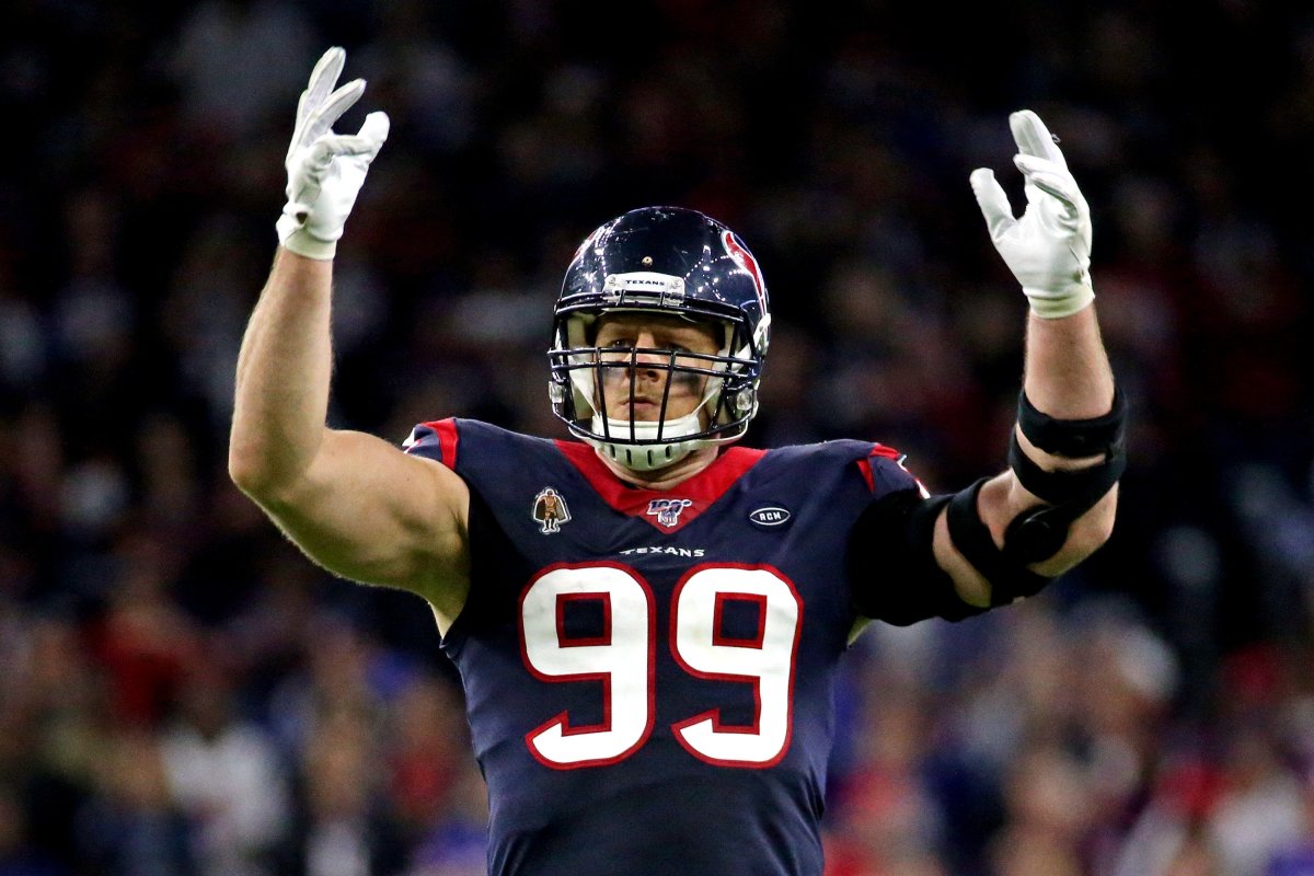Houston Texans defensive end J.J. Watt (99) celebrates during the fourth quarter against the Buffalo Bills in the AFC Wild Card NFL Playoff game at NRG Stadium.