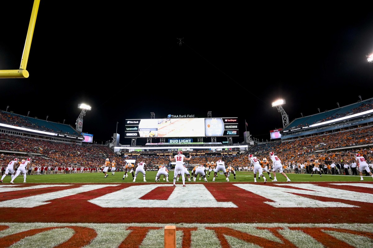 The Indiana Hoosiers quarterback awaits the ball from center during the first quarter against the Tennessee Volunteers at TIAA Bank Field.