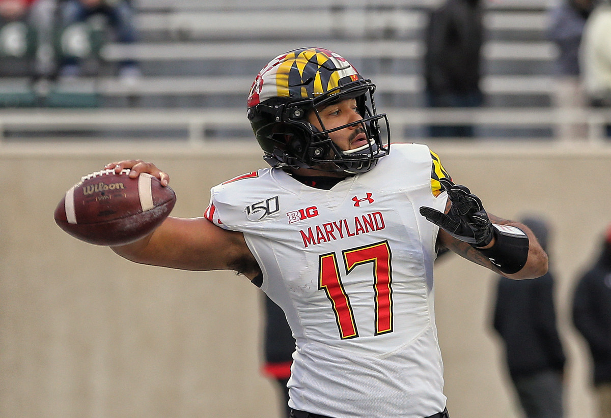 Maryland Terrapins quarterback Josh Jackson (17) warms up prior to a game against the Michigan State Spartans at Spartan Stadium.