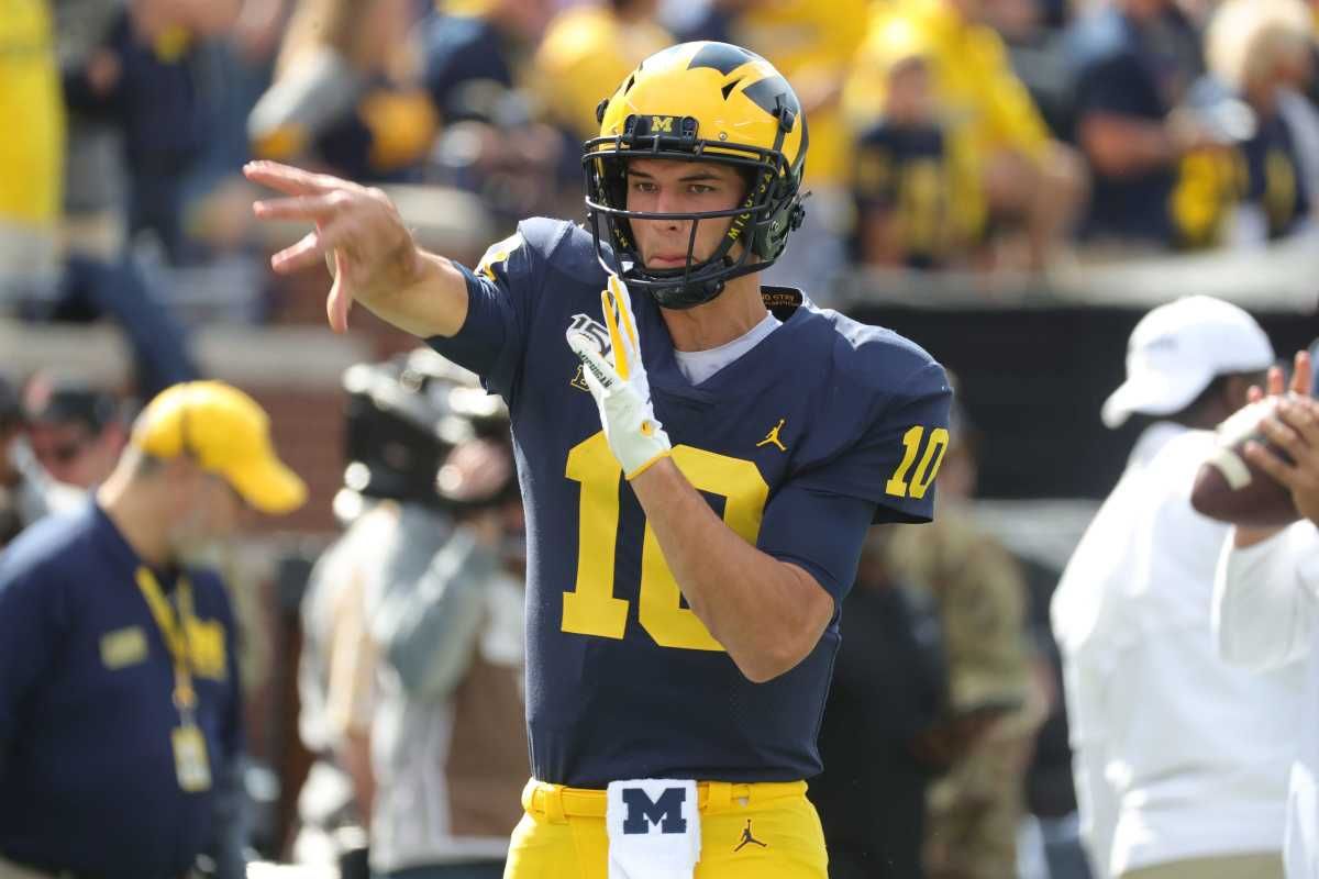 Michigan quarterback Dylan McCaffrey warms up on Saturday, Sept. 7, 2019, at Michigan Stadium.