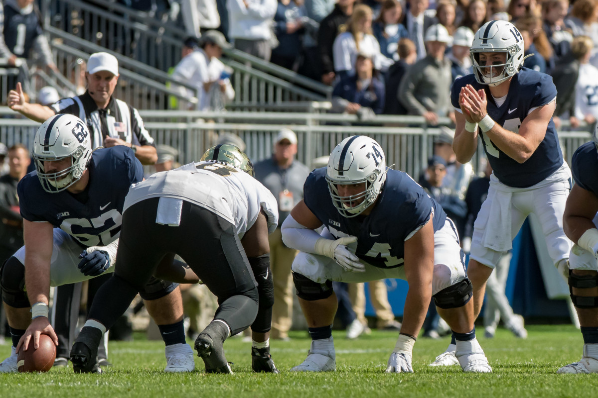 Penn State Nittany Lions offensive lineman Steven Gonzalez (74) lines up for a snap against the Purdue Boilermakers during the first half at Beaver Stadium.