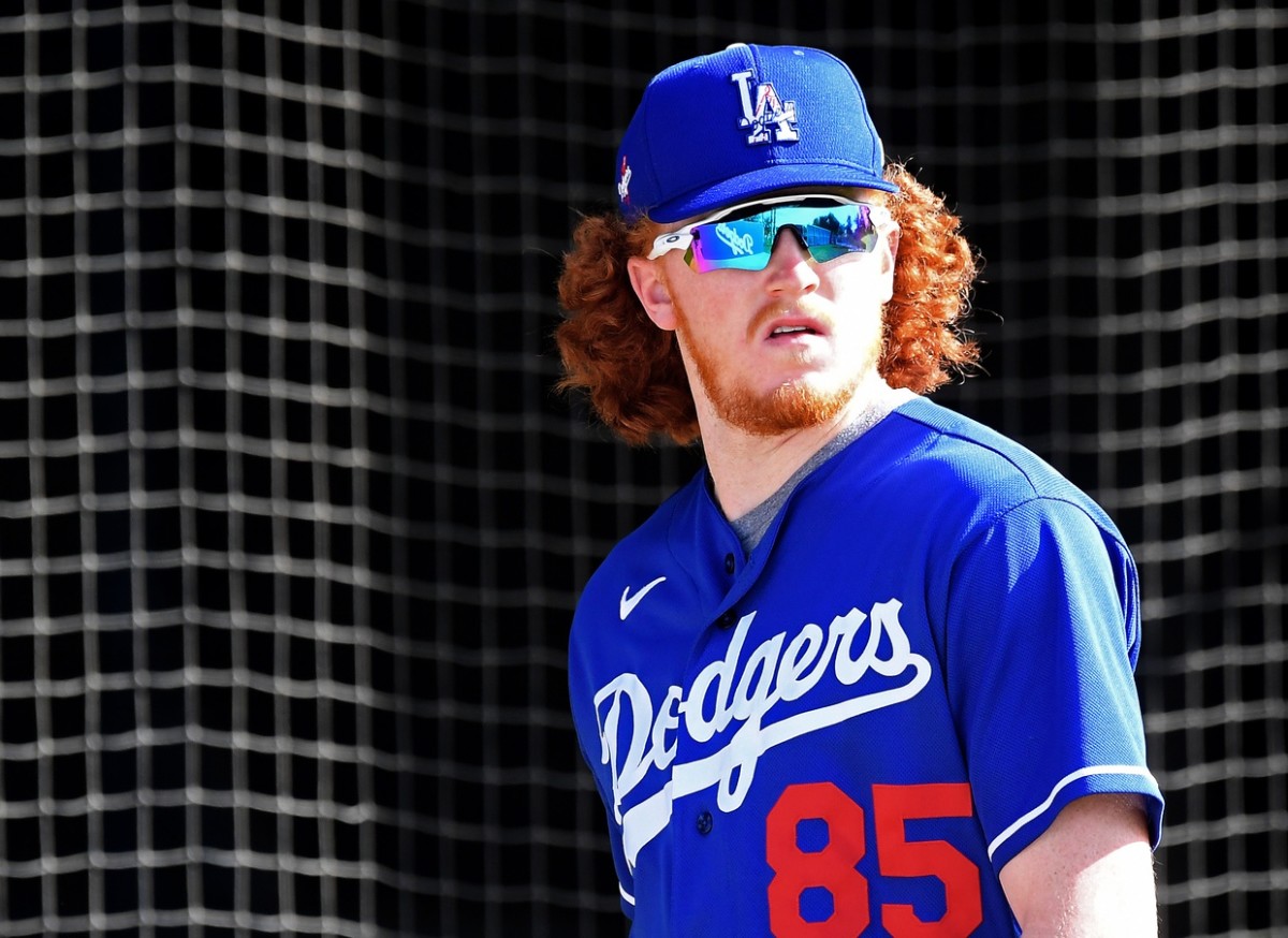 Feb 21, 2020; Glendale, Arizona, USA; Los Angeles Dodgers starting pitcher Dustin May (85) looks on during spring training at Camelback Ranch. Mandatory Credit: Jayne Kamin-Oncea-USA TODAY Sports