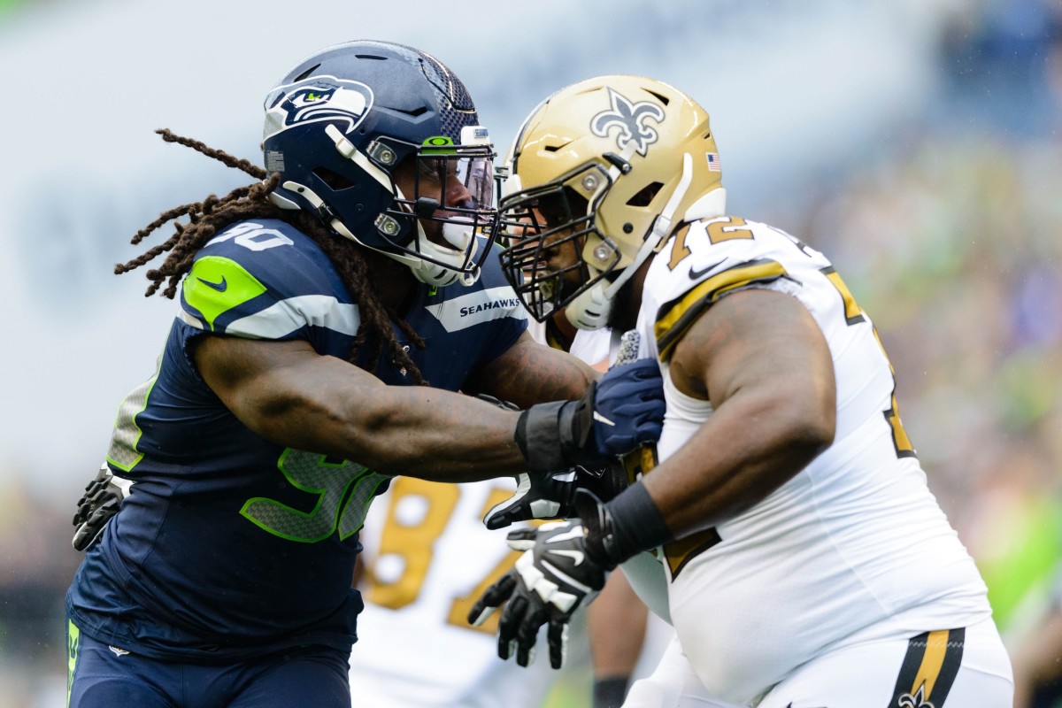 Sep 22, 2019; Seattle, WA, USA; Seattle Seahawks outside linebacker Jadeveon Clowney (90) during the first half at CenturyLink Field. New Orleans defeated Seattle 33-27. Mandatory Credit: Steven Bisig-USA TODAY Sports