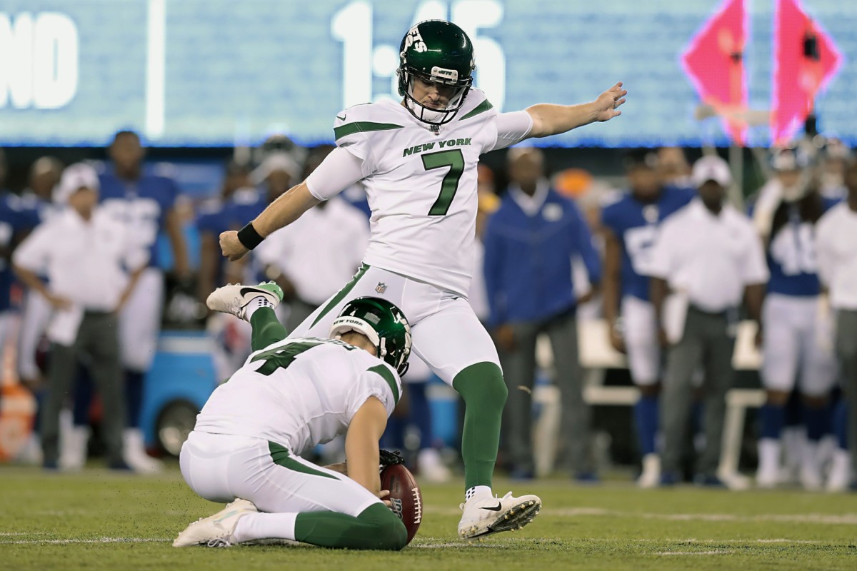 Aug 8, 2019; East Rutherford, NJ, USA; New York Jets kicker Chandler Catanzaro (7) kicks a field goal against the New York Giants during the first half at MetLife Stadium.