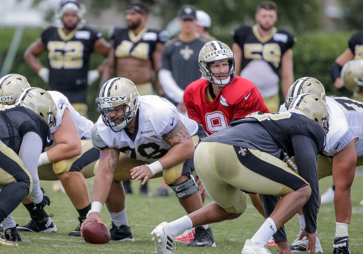 Drew Brees and Erik McCoy at Saints Training Camp 2019