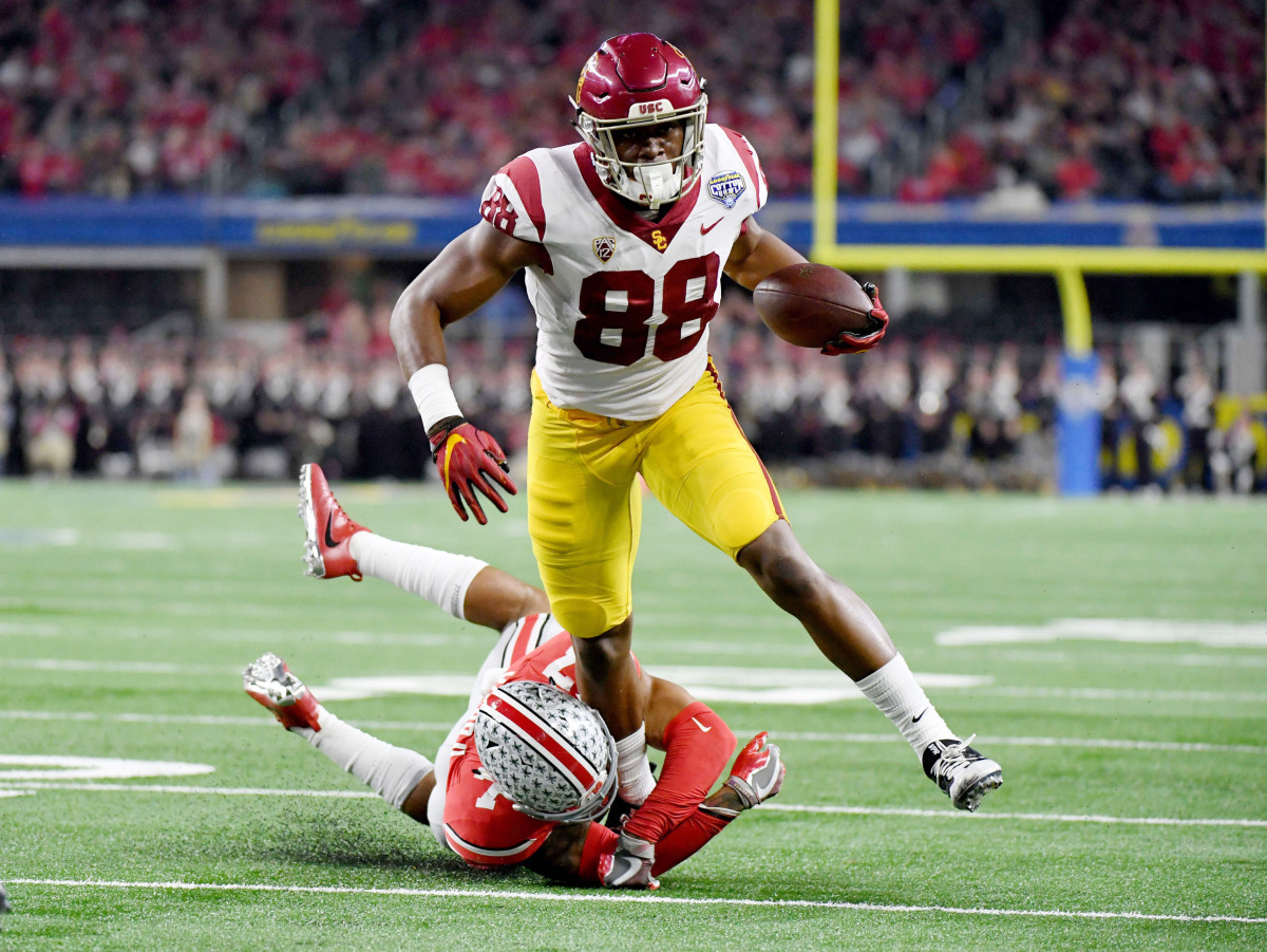In his career at Southern California Daniel Imatorbhebhe (88) had 25 receptions for 394 yards with four touchdowns including two catches for 25 yards in this 2017 Cotton Bowl loss to Ohio State.