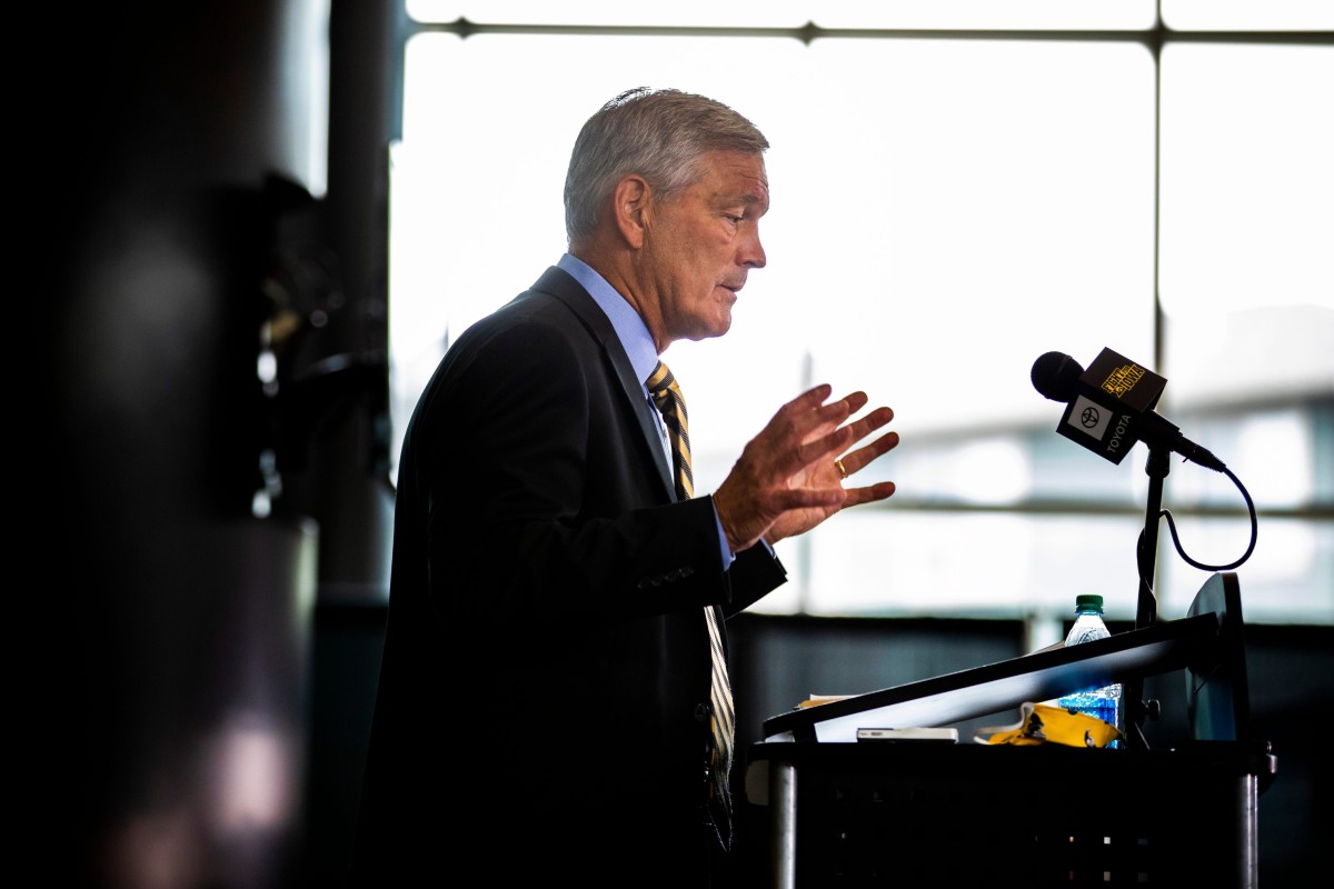 Iowa football coach Kirk Ferentz answers questions during Thursday's press conference in Iowa City. (Katina Zentz/Iowa City Press-Citizen-Imagn Content Services)