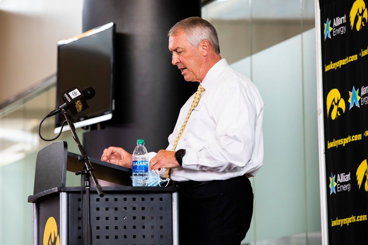 Iowa athletics director Gary Barta speaks during Thursday's press conference in Iowa City. (Katina Zentz/Iowa City Press-Citizen for Imagn Content Services)