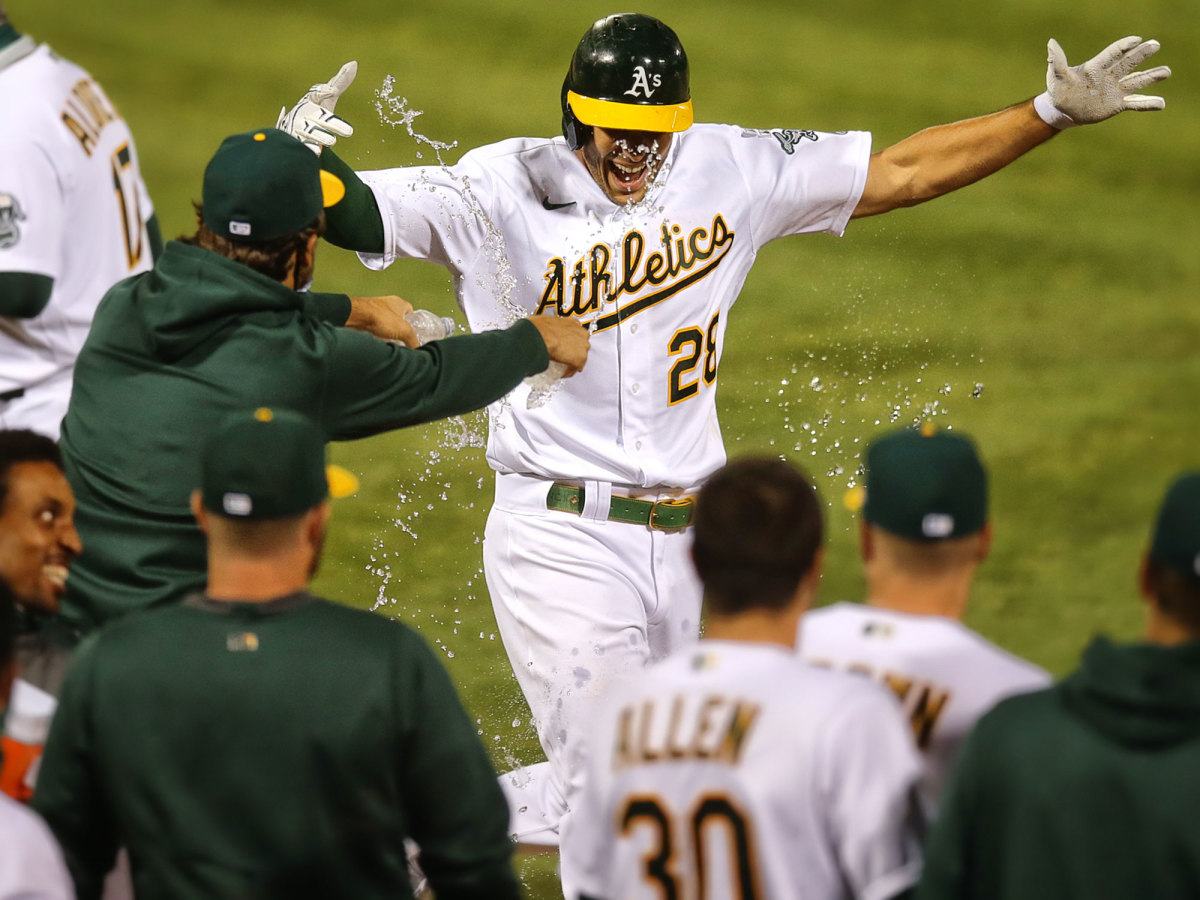 Matt Olson celebrates his walk-off