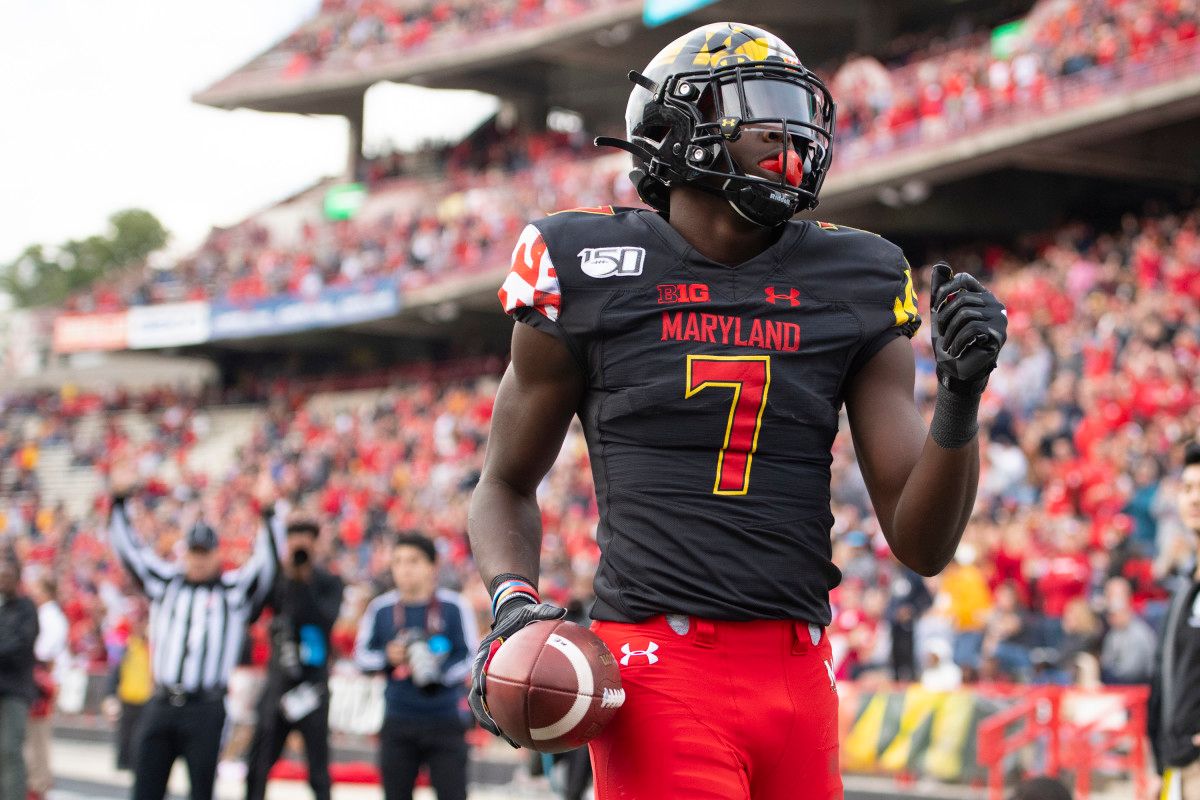 Maryland Terrapins wide receiver Dontay Demus Jr. (7) reacts after scoring a touchdown during the second quarter of the game against the Indiana Hoosiers at Capital One Field at Maryland Stadium.