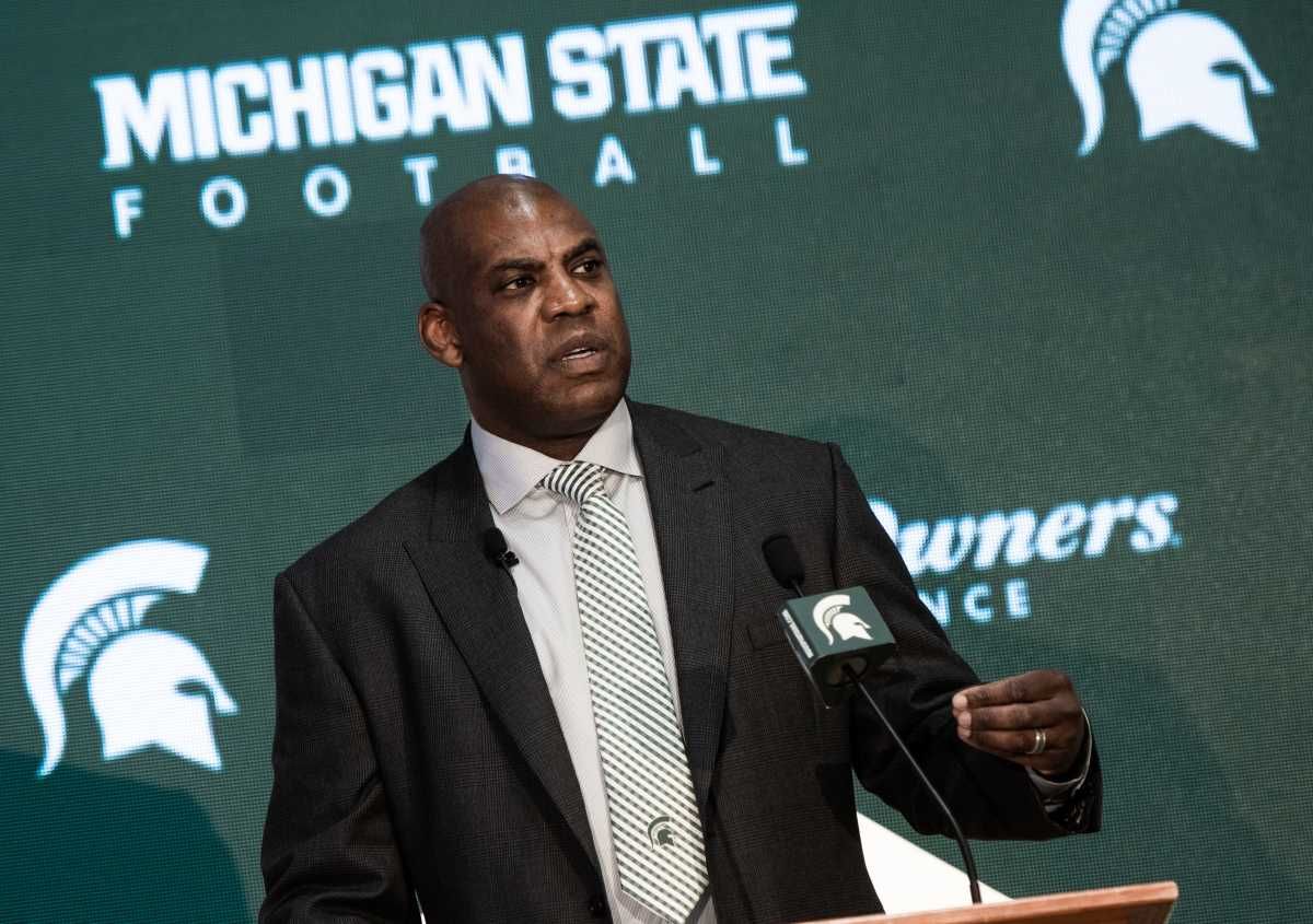 New Michigan State football coach Mel Tucker speaks Wednesday, Feb. 12, 2020, at the Gilbert Pavilion in Michigan State's Breslin Center.