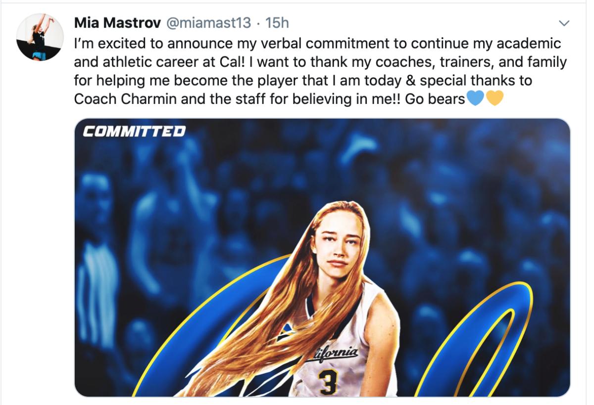 Mia Mastrov's Twitter announcement that she will attend Cal