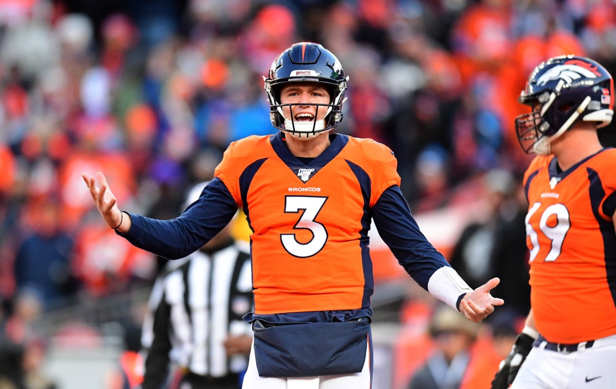 Denver Broncos quarterback Drew Lock (3) reacts to a penalty not called in the second quarter against the Oakland Raiders at Empower Field at Mile High.