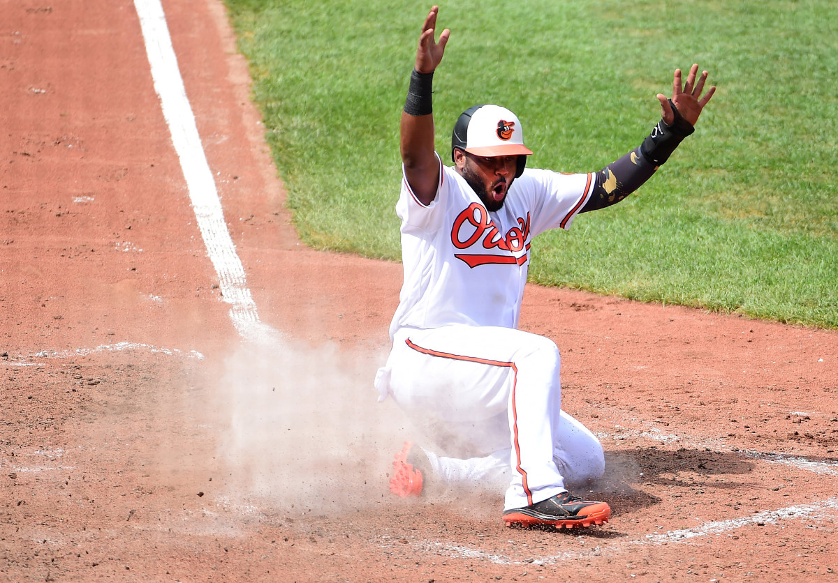 Baltimore Orioles second baseman Hanser Alberto (57) reacts after scoring a run