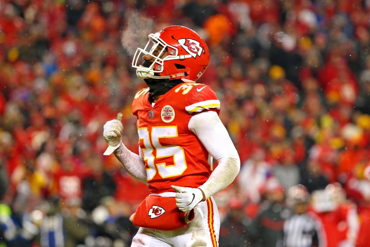 Jan 12, 2019; Kansas City, MO, USA; Kansas City Chiefs cornerback Charvarius Ward (35) dances on the field during the fourth quarter against the Indianapolis Colts in an AFC Divisional playoff football game at Arrowhead Stadium. Mandatory Credit: Jay Biggerstaff-USA TODAY Sports