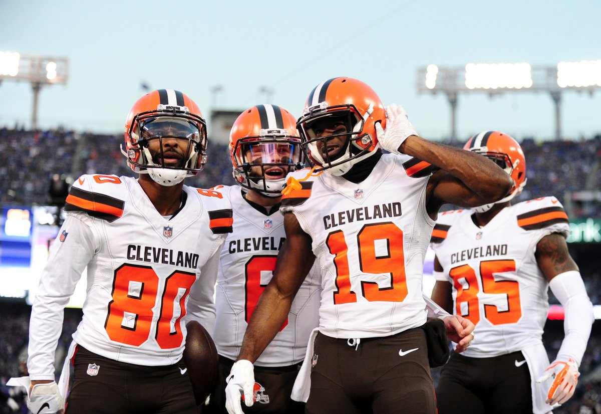 Browns wide receivers Breshad Perriman (19) and Jarvis Landry (80) celebrate with quarterback Baker Mayfield (6) during the 2019 season. The wide receiver position has seen plenty of talent throughout Browns history.