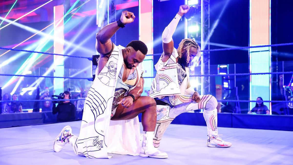 WWE's Big E and Kofi Kingston kneel in the ring on SmackDown