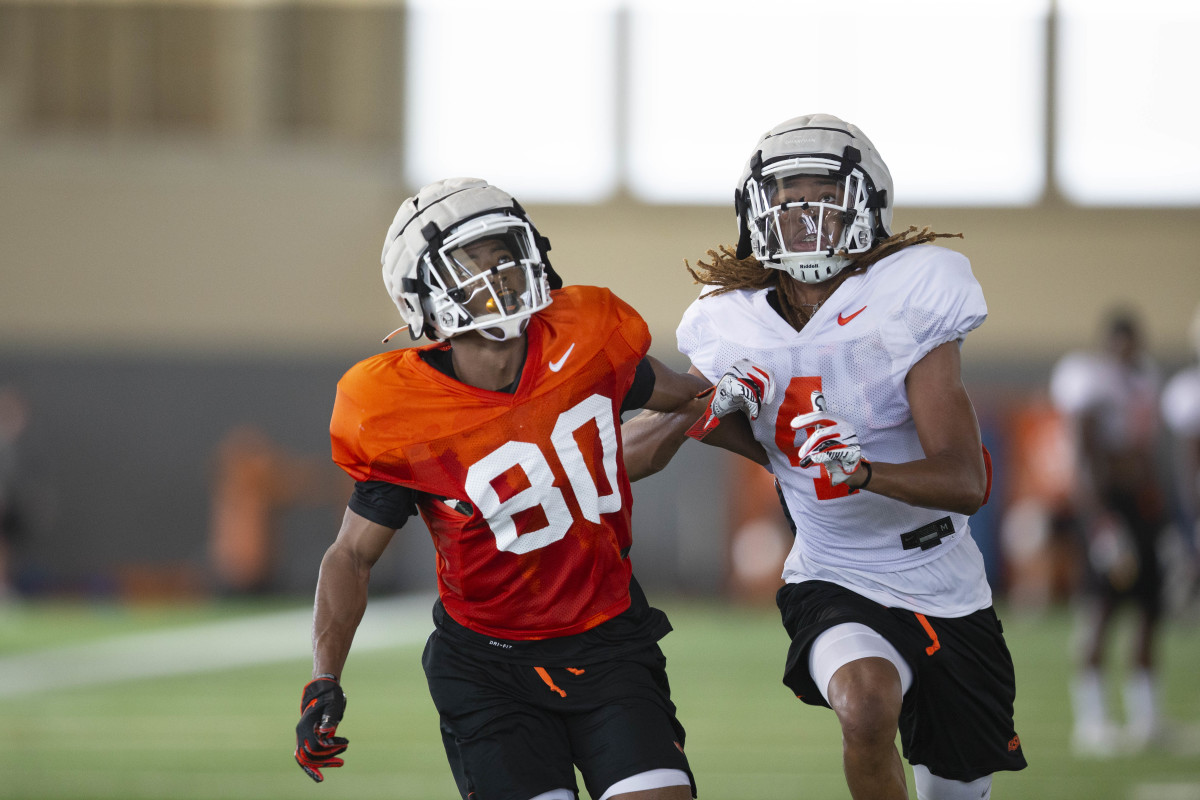 Oklahoma State freshmen newcomers like receiver Brennan Presley (80) and cornerback Korie Black (4) are the promise of the future. Players that can't wait to play college football, but they may have to wait.