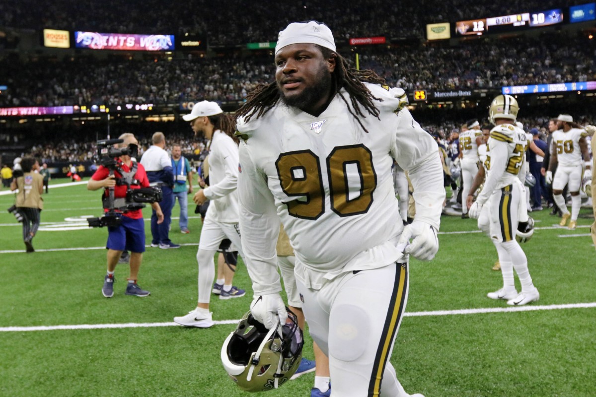 Sep 29, 2019; New Orleans, LA, USA; New Orleans Saints defensive tackle Malcom Brown (90) runs off the field after their win against the Dallas Cowboys at the Mercedes-Benz Superdome. Mandatory Credit: Chuck Cook-USA TODAY 