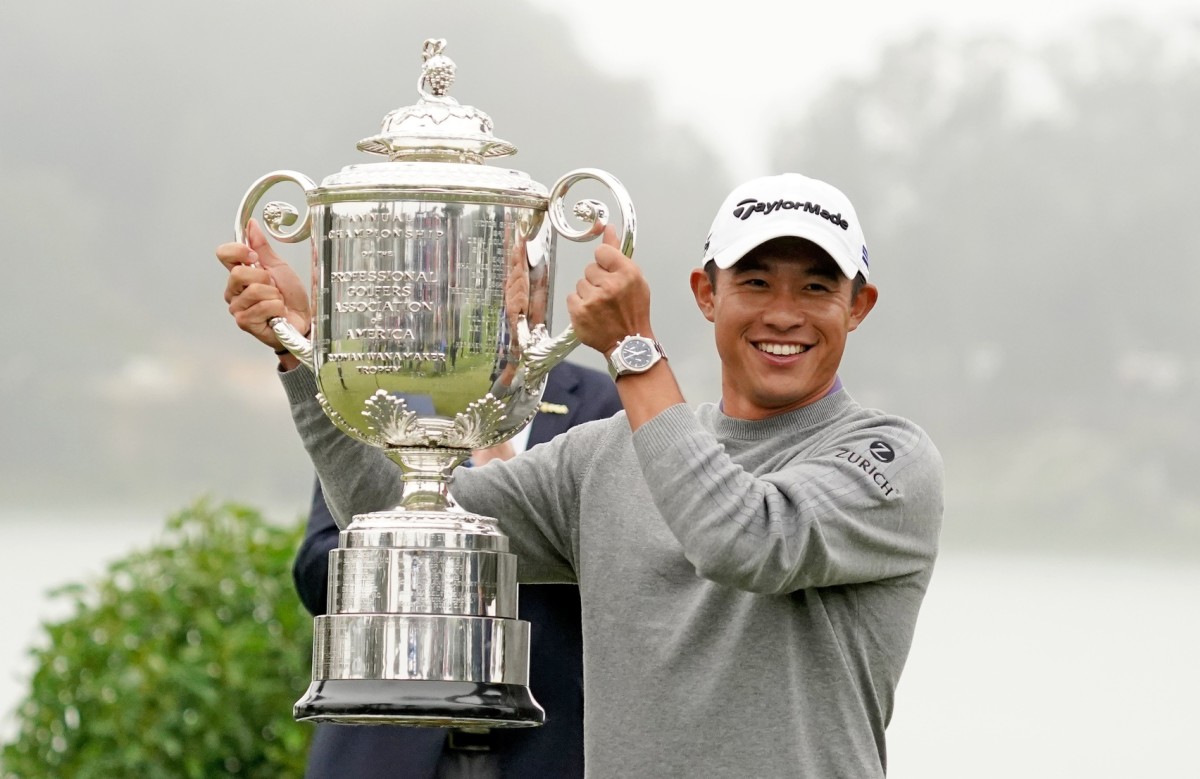 Collin Morikawa celebrates his victory at the PGA Championship.