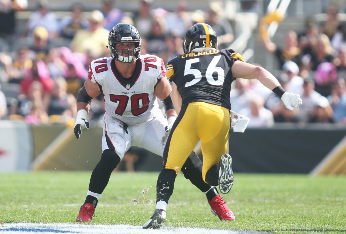 Oct 7, 2018; Pittsburgh, PA, USA; Atlanta Falcons offensive tackle Jake Matthews (70) blocks at the line of scrimmage against Pittsburgh Steelers linebacker Anthony Chickillo (56) during the second quarter at Heinz Field. Pittsburgh won 41-17. Mandatory Credit: Charles LeClaire-USA TODAY Sports