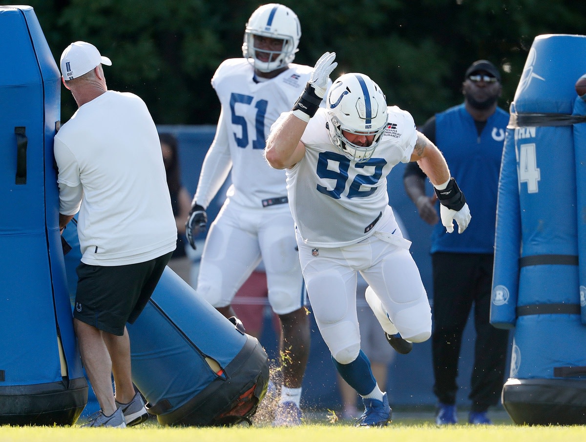 Indianapolis Colts defensive end Margus Hunt (92) during day 7 of the Colts preseason training camp practice at Grand Park in Westfield on Thursday, August 1, 2019. Colts Preseason Training Camp © Matt Kryger/IndyStar via Imagn Content Services, LLC