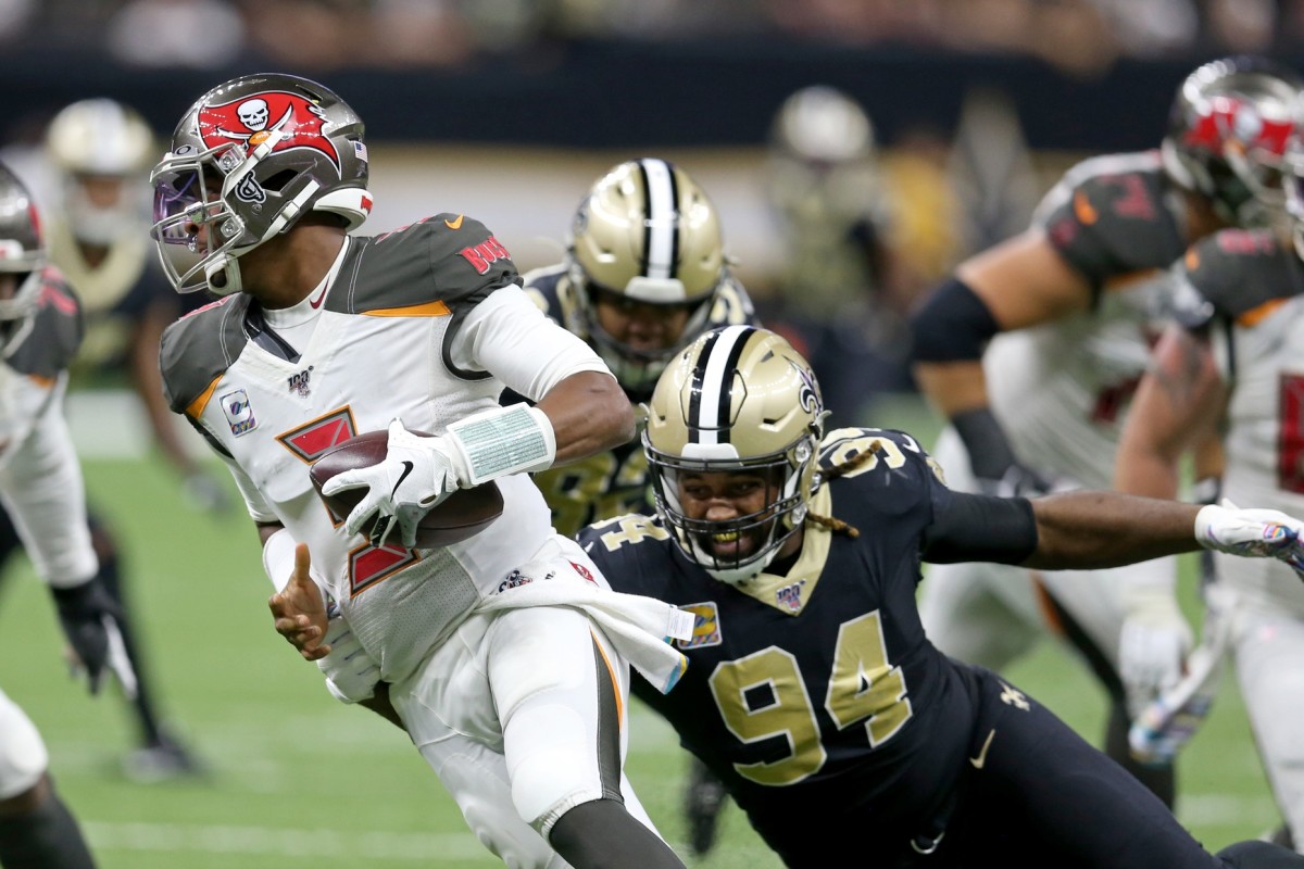Oct 6, 2019; New Orleans, LA, USA; Tampa Bay Buccaneers quarterback Jameis Winston (3) is sacked by New Orleans Saints defensive end Cameron Jordan (94) in the second half at the Mercedes-Benz Superdome. Mandatory Credit: Chuck Cook-USA TODAY Sports