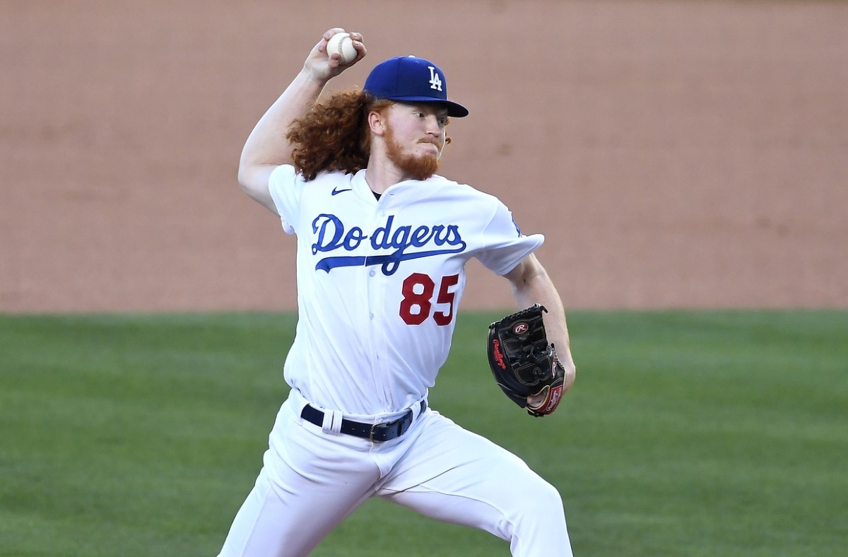 Aug 10, 2020; Los Angeles, California, USA; Los Angeles Dodgers starting pitcher Dustin May (85) pitches in the first inning of the game against the San Diego Padres at Dodger Stadium. Mandatory Credit: Jayne Kamin-Oncea-USA TODAY Sports