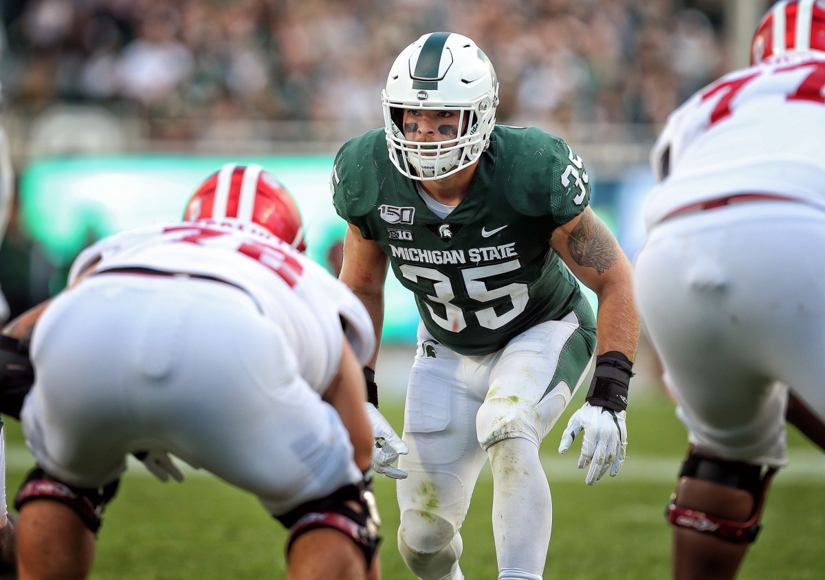 Sep 28, 2019; East Lansing, MI, USA; Michigan State Spartans linebacker Joe Bachie (35) prepares for the snap of the ball during the second half of a game against the Indiana Hoosiers at Spartan Stadium. Mandatory Credit: Mike Carter-USA TODAY Sports