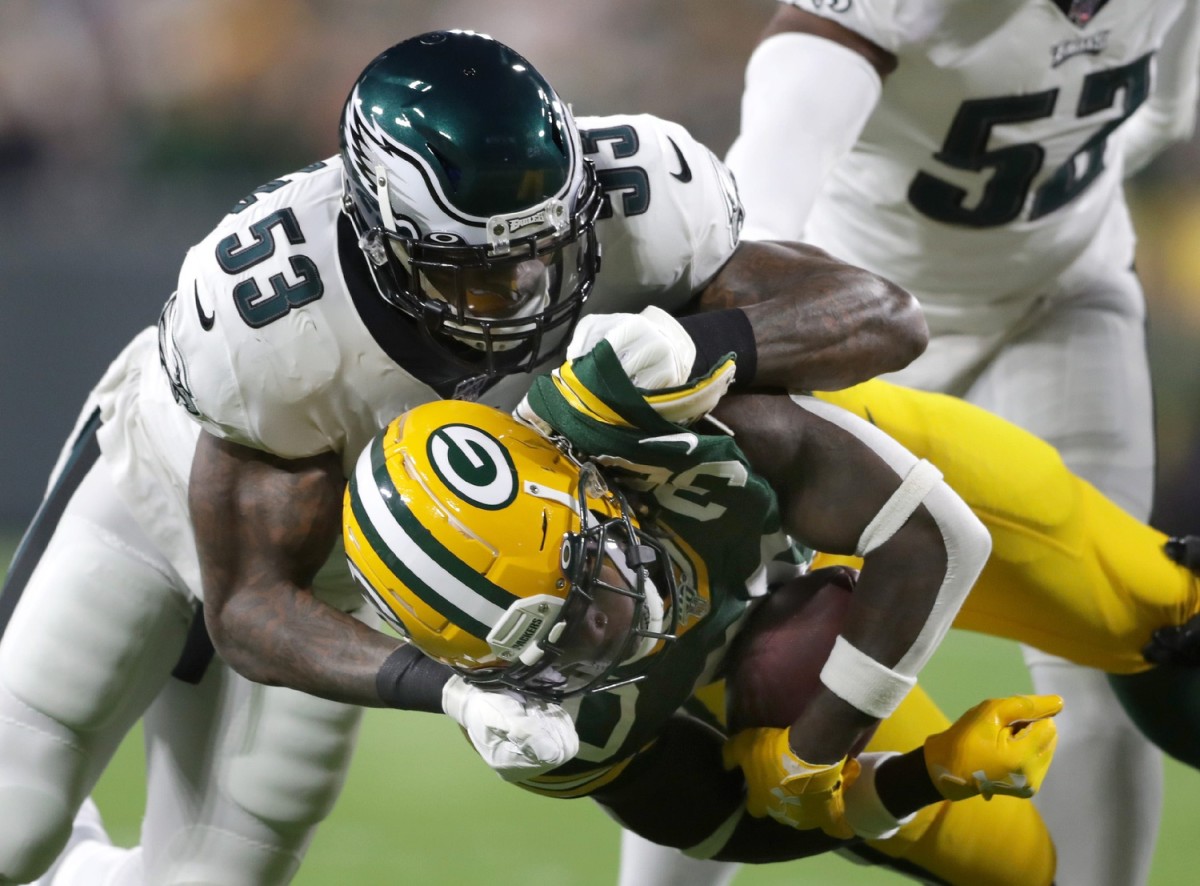 Philadelphia Eagles outside linebacker Nigel Bradham (53) tackles Green Bay Packers running back Jamaal Williams (30), injured on the play, Thursday, September 26, 2019, at Lambeau Field in Green Bay, Packers Vs Eagles © Wm. Glasheen/USA TODAY NETWORK-Wis, Appleton Post-Crescent via Imagn Content Services, LLC 