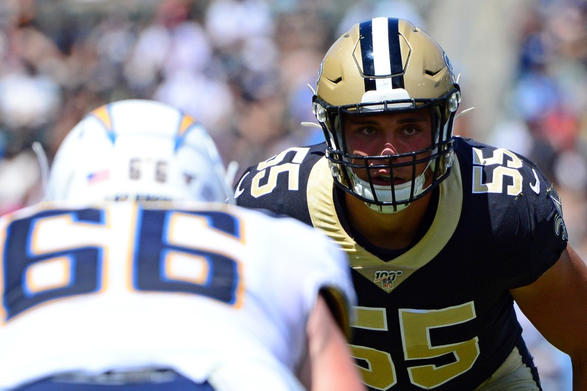 Aug 18, 2019; Carson, CA, USA; New Orleans Saints linebacker Kaden Elliss (55) is the field during the second quarter against the Los Angeles Chargers at Dignity Health Sports Park. Mandatory Credit: Jake Roth-USA TODAY