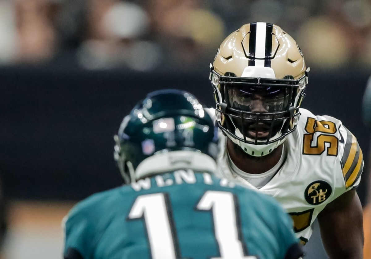 Nov 18, 2018; New Orleans, LA, USA; New Orleans Saints linebacker Demario Davis (56) lines up across from Philadelphia Eagles quarterback Carson Wentz (11) during the second quarter at the Mercedes-Benz Superdome. Mandatory Credit: Derick E. Hingle-USA TODAY Sports