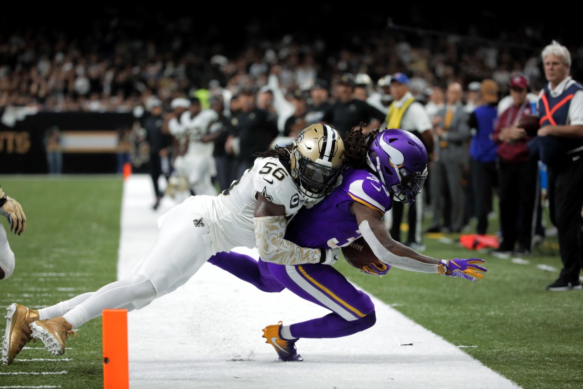 Jan 5, 2020; New Orleans, Louisiana, USA; New Orleans Saints outside linebacker Demario Davis (56) tackles Minnesota Vikings running back Dalvin Cook (33) during the second quarter of a NFC Wild Card playoff football game at the Mercedes-Benz Superdome. Mandatory Credit: Derick Hingle-USA TODAY