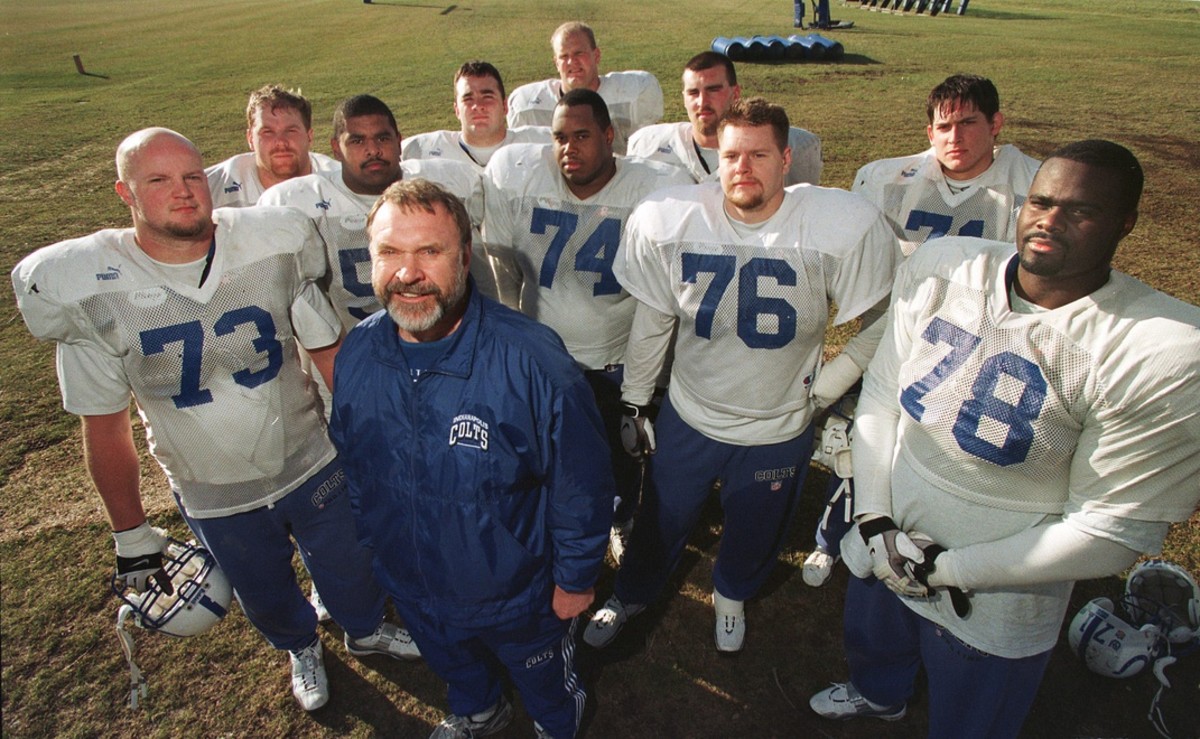 Indianapolis Colts offensive line coach Howard Mudd (blue jacket), who passed away Wednesday at the age of 78, is shown in 2000 with his offensive linemen.