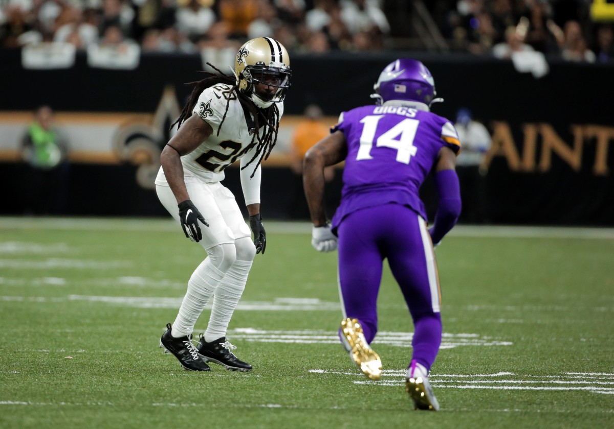 Jan 5, 2020; New Orleans, Louisiana, USA; New Orleans Saints cornerback Janoris Jenkins (20) defends Minnesota Vikings wide receiver Stefon Diggs (14) during the second quarter of a NFC Wild Card playoff football game at the Mercedes-Benz Superdome. Mandatory Credit: Derick Hingle-USA TODAY