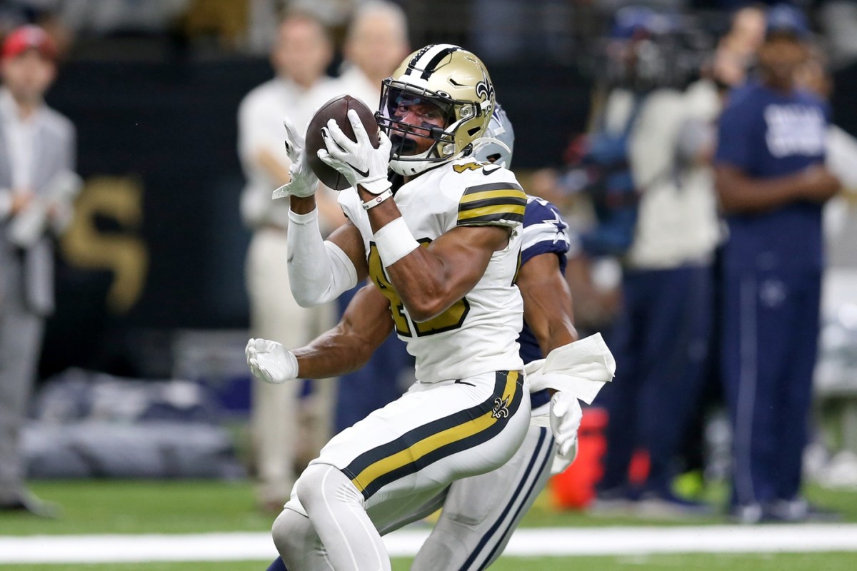 Sep 29, 2019; New Orleans, LA, USA; New Orleans Saints free safety Marcus Williams (43) makes a game ending interception against the Dallas Cowboys in the second half at the Mercedes-Benz Superdome. Mandatory Credit: Chuck Cook-USA TODAY